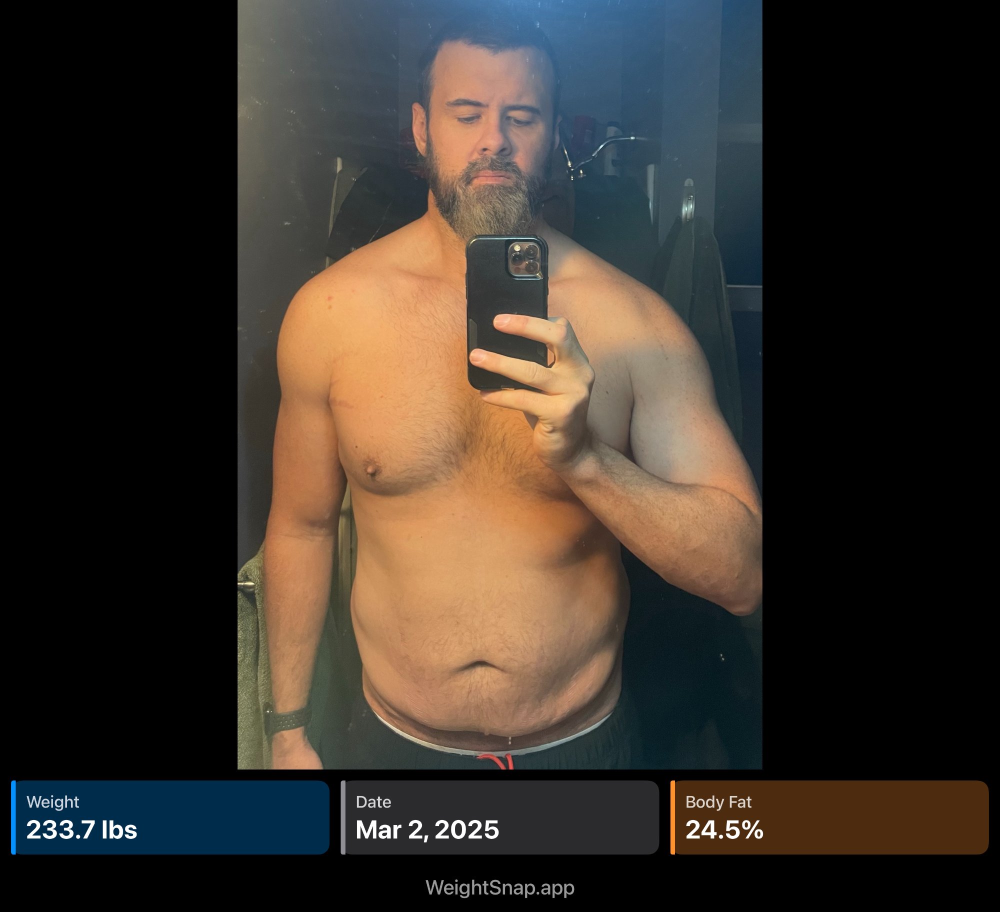 Progress photo March 2025 - 233.7lbs