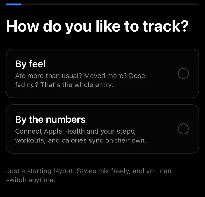 Onboarding screen asking how do you like to track, with by feel and by the numbers options