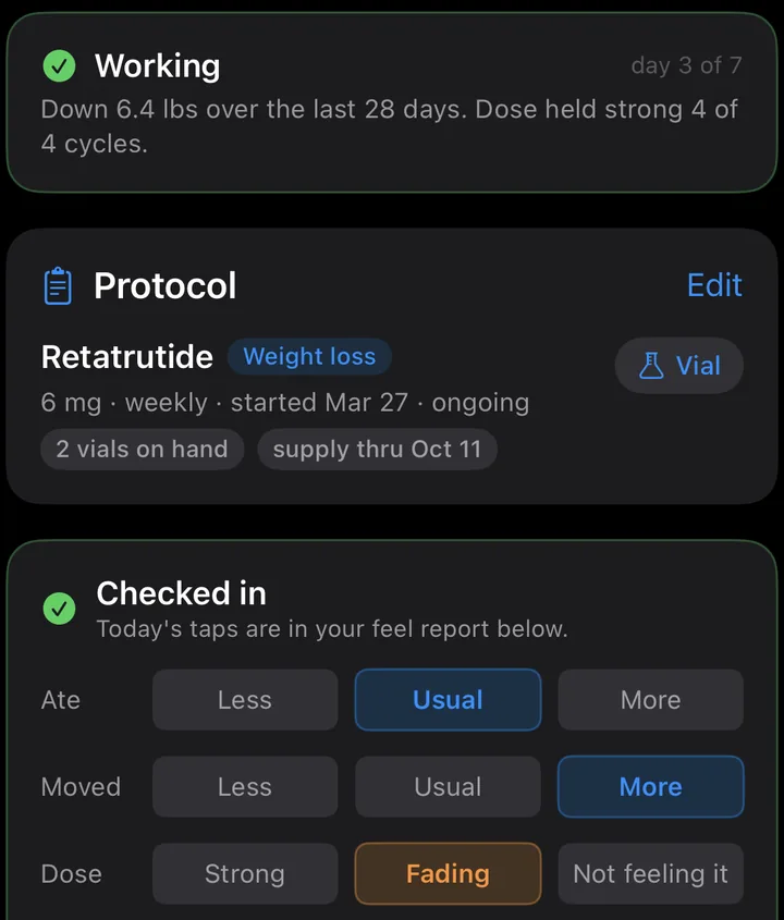 WeightSnap verdict card reading Working, with receipts drawn from weight trend and dose history